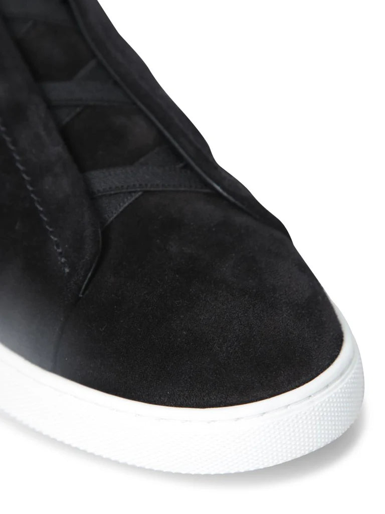 Zegna Men’s Triple Stitch™ Black Suede Slip-On Sneakers – Iconic Detailing & Timeless Comfort