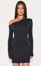 Black Rib Asymmetric Mini Dress