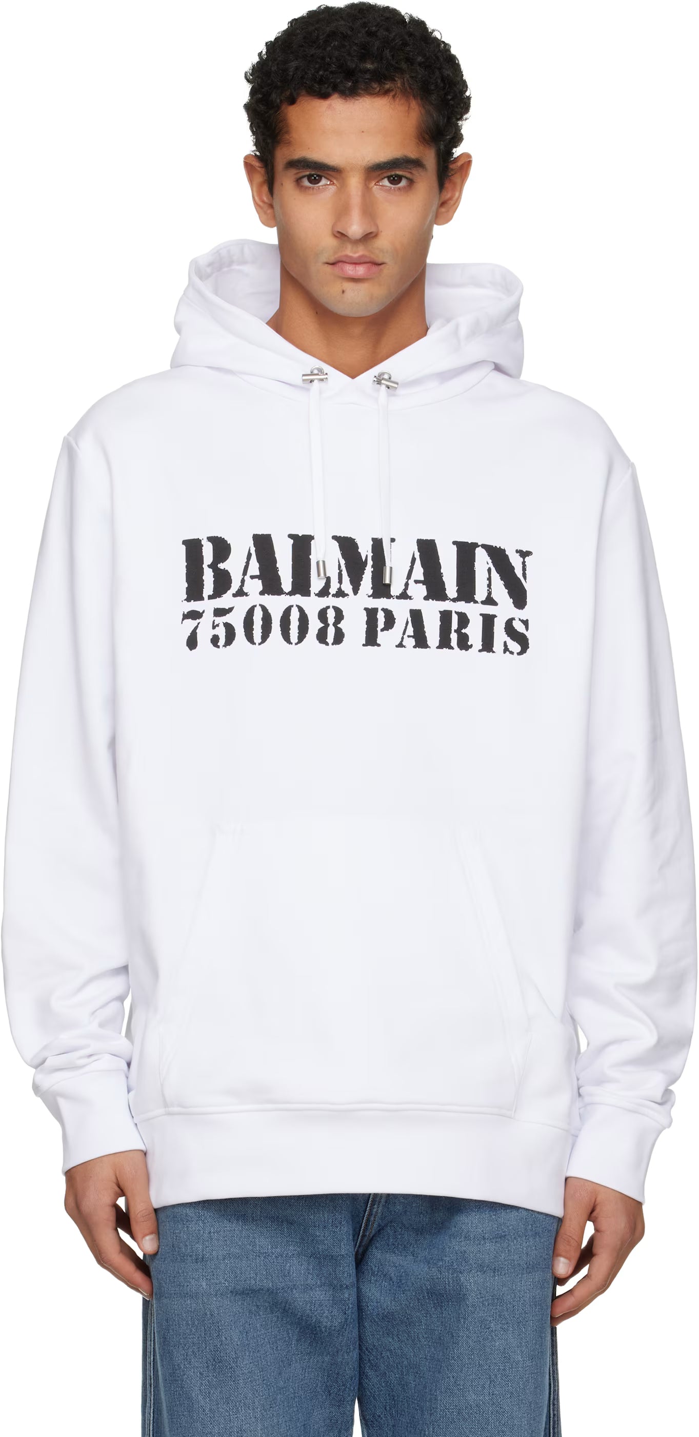 White 'Balmain' Stamp Printed Hoodie