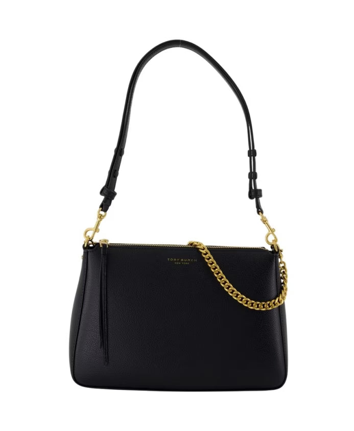 Black Leather Shoulder Bag with Chain