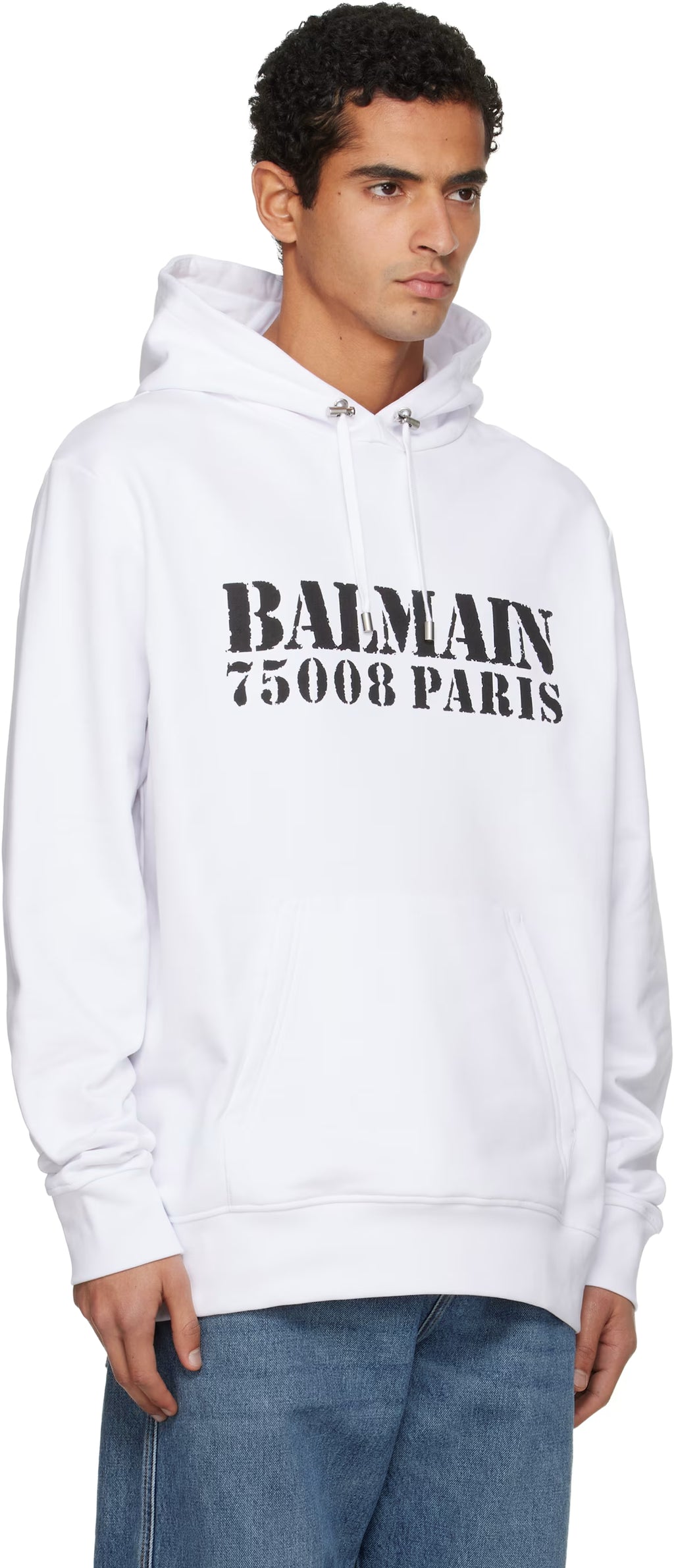 White 'Balmain' Stamp Printed Hoodie