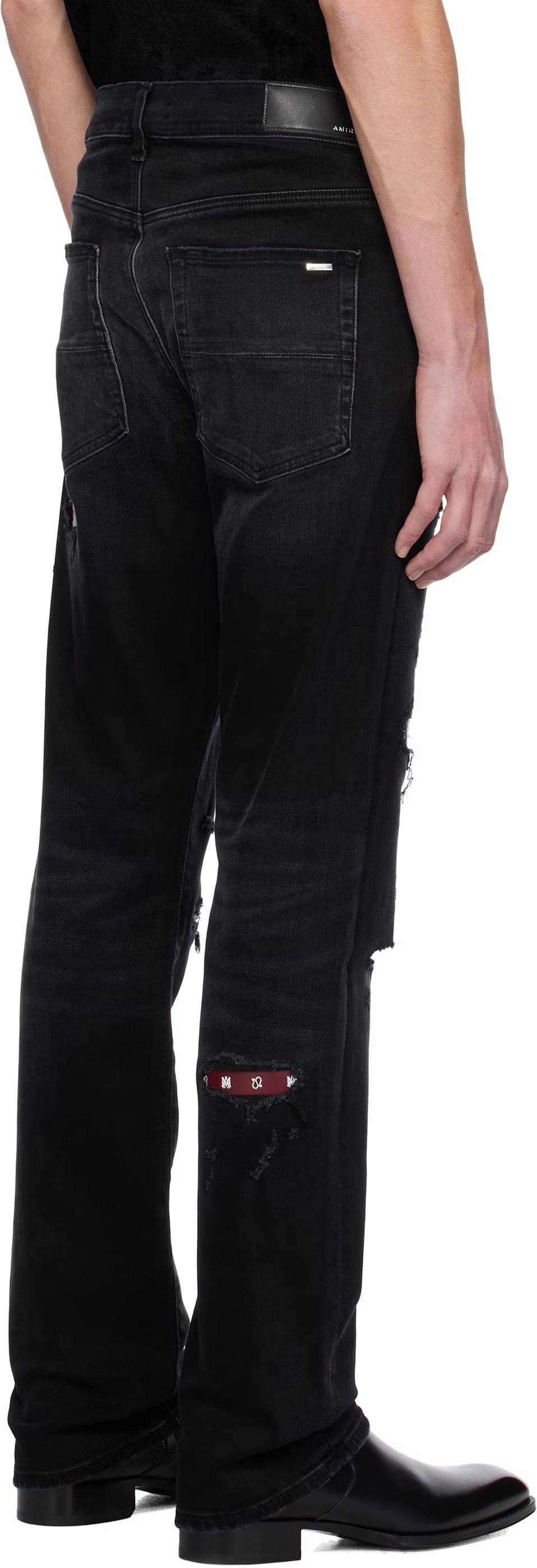 Black Leather Bandana Repaired Slim Jeans