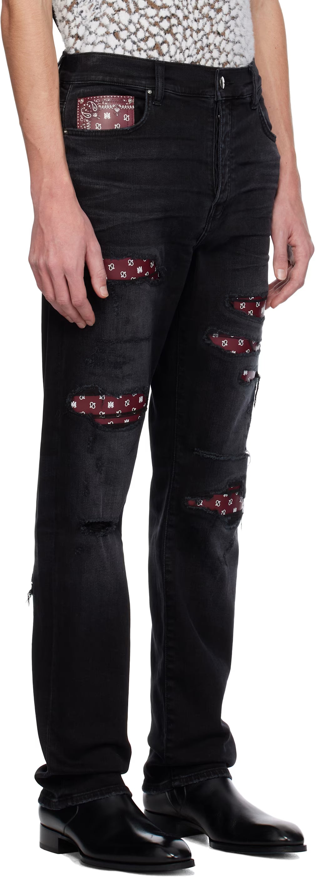 Black Leather Bandana Repaired Slim Jeans