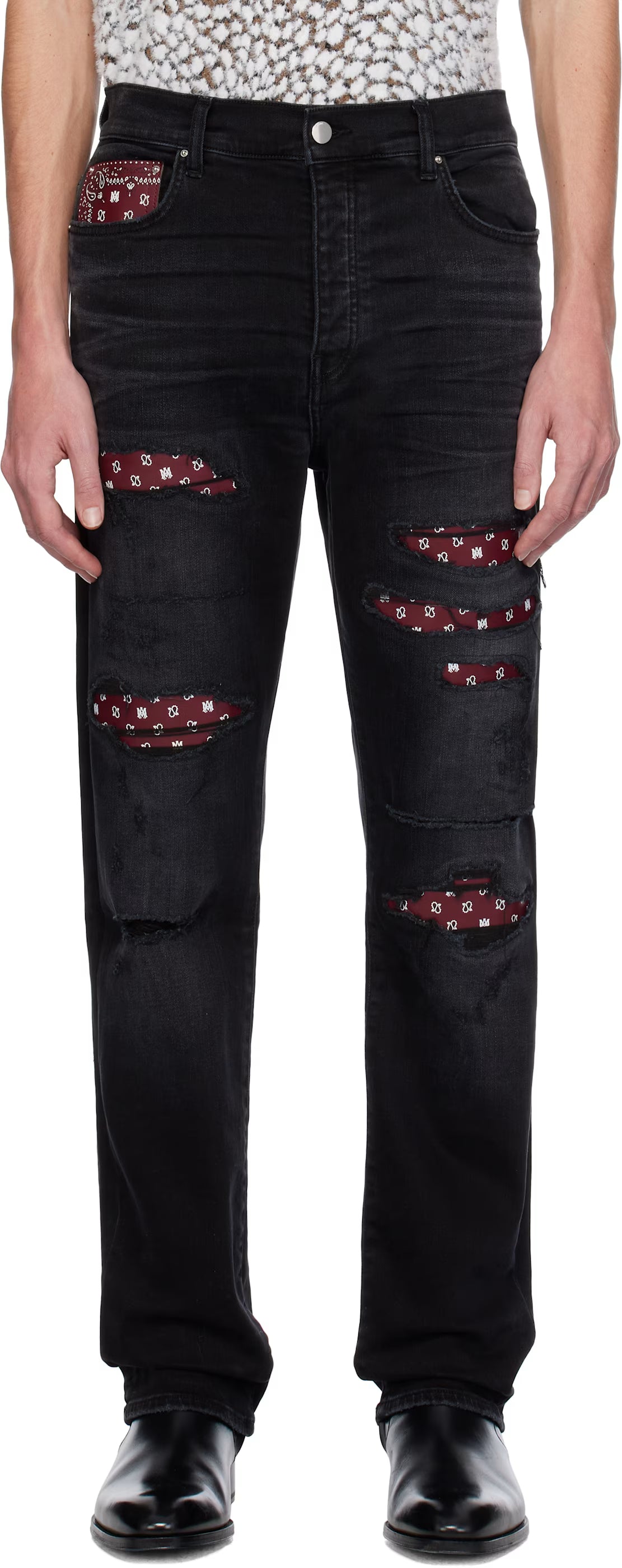 Black Leather Bandana Repaired Slim Jeans