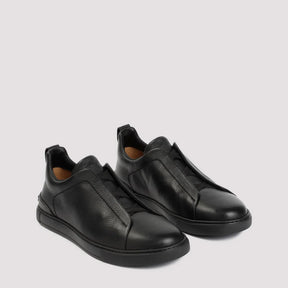 Zegna Men’s Triple Stitch™ Black Deer Leather Slip-On Sneakers – Ultra-Light Sole | Luxury Casual Footwear