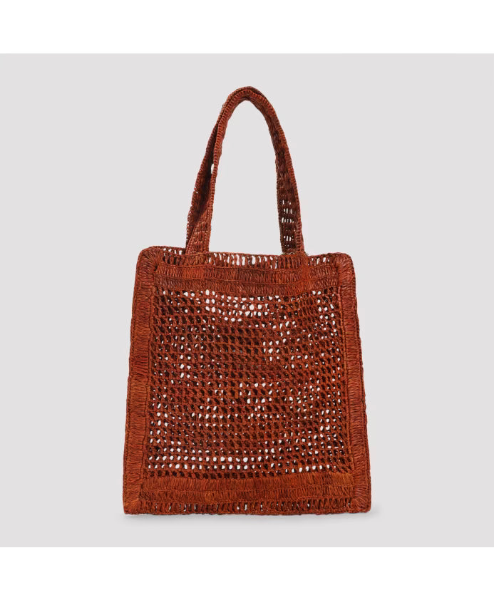 Raffia Tote Bag with Metallic Chain