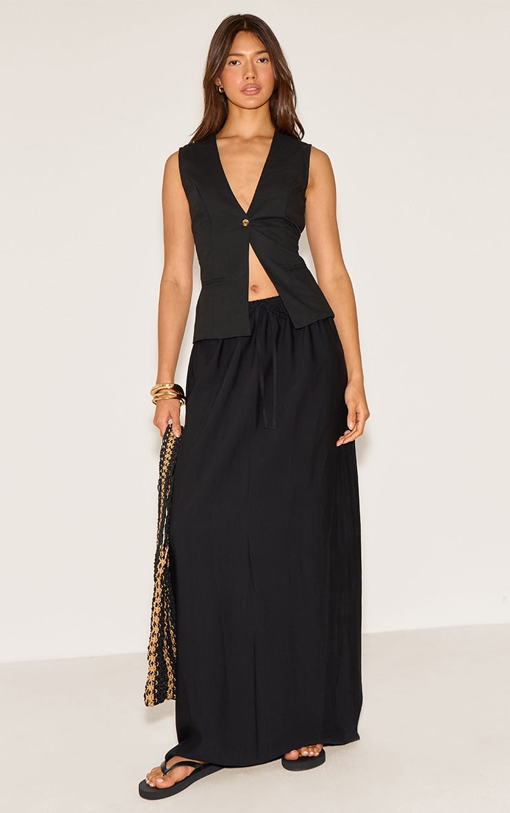 Black Textured Draw String Maxi Skirt