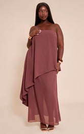 Plus Chocolate Chiffon Bandeau Overlay Maxi Dress