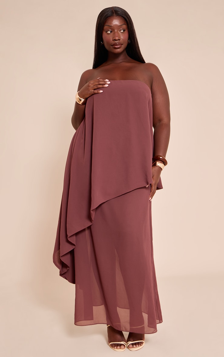 Plus Chocolate Chiffon Bandeau Overlay Maxi Dress
