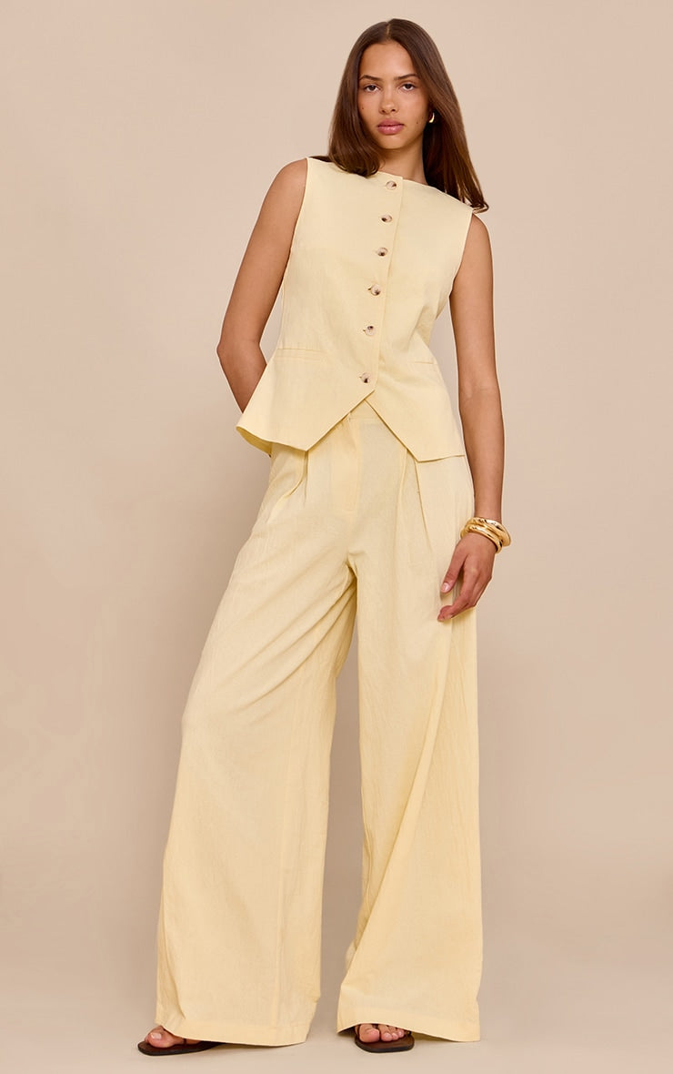 Butter Yellow Linen Look Wide Leg Pleated Trousers