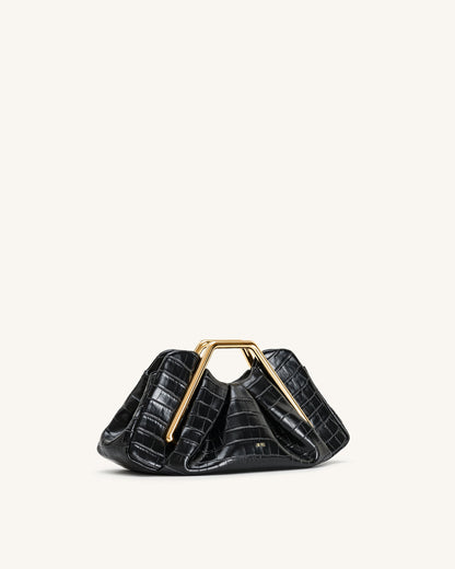 Lila Faux Croc-Effect Metal Frame Clutch - Black