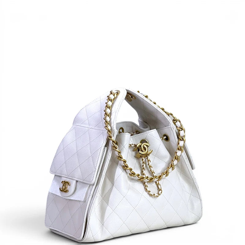 Chanel 25 Small Handbag White Grained Calfskin