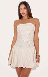 Tall Nude Bandeau Check Puffball Mini Dress