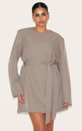 Plus Grey Tailored Belt Detail Long Sleeve Shift Dress