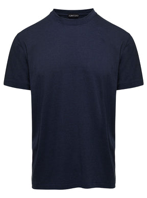Tom ford Blue Crew Neck T-Shirt with Embroidered Logo in Cotton Blend Man