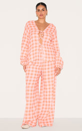 Plus Orange Checked Cheesecloth Tie Waist Wide Leg Trouser