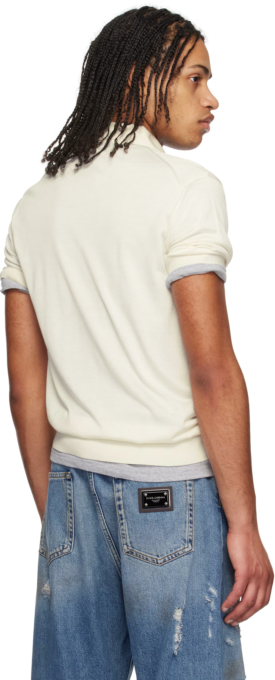 Dolce&Gabbana Off-White Logo Embroidered Silk Polo
