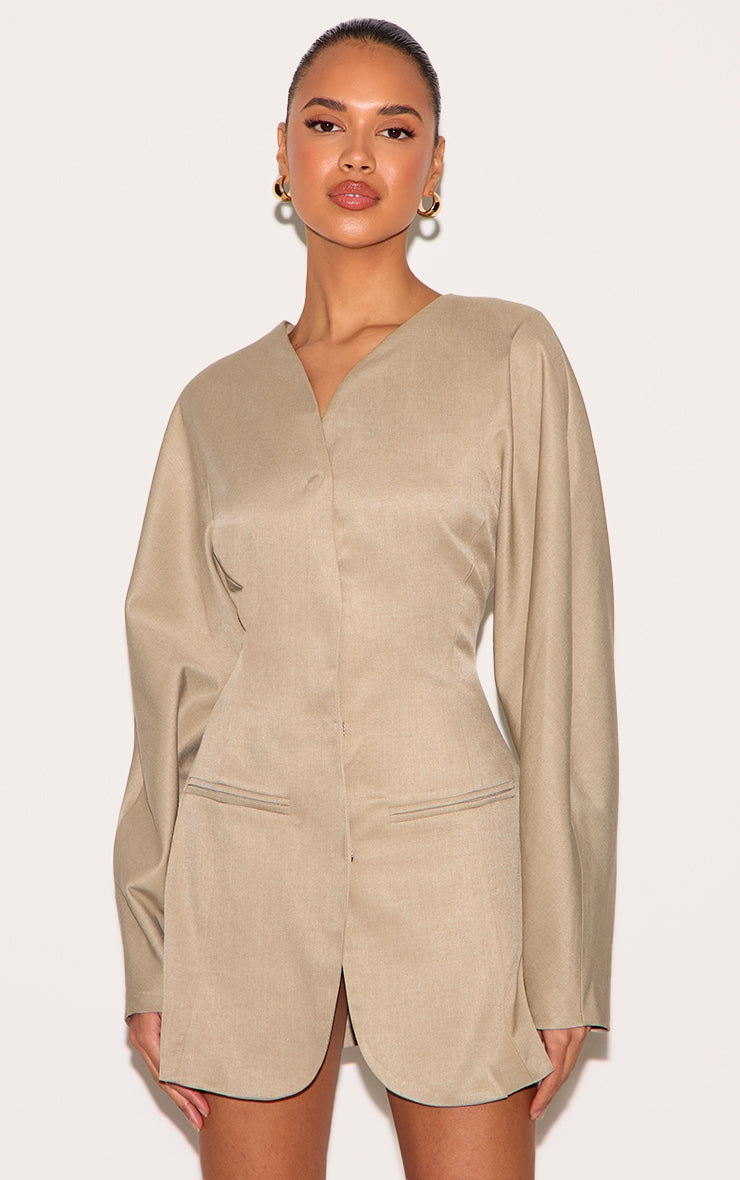 Clay Woven Balloon Sleeve Collarless Blazer Dress