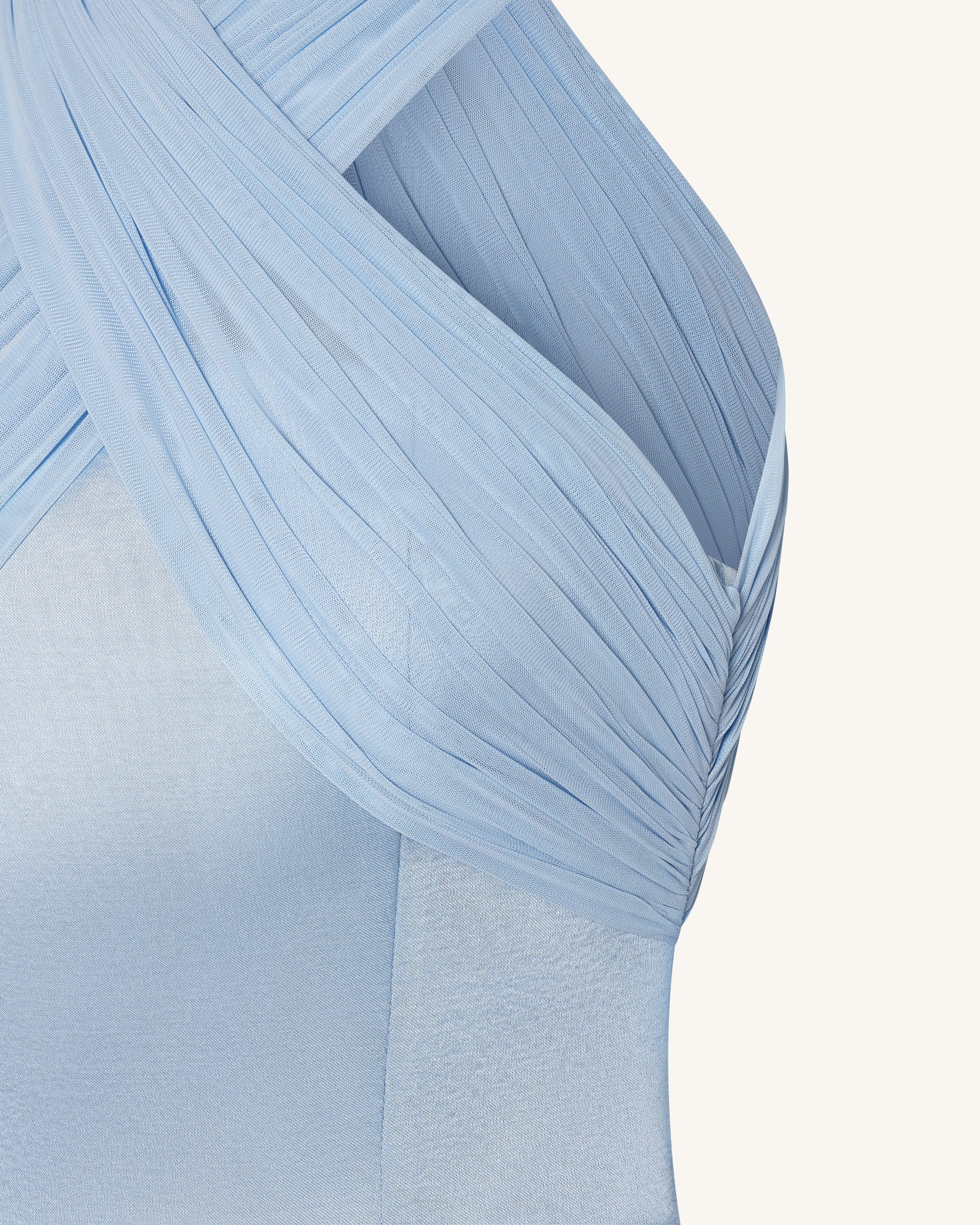 Satin Mini Dress with Tulle Cross-Halter - Blue