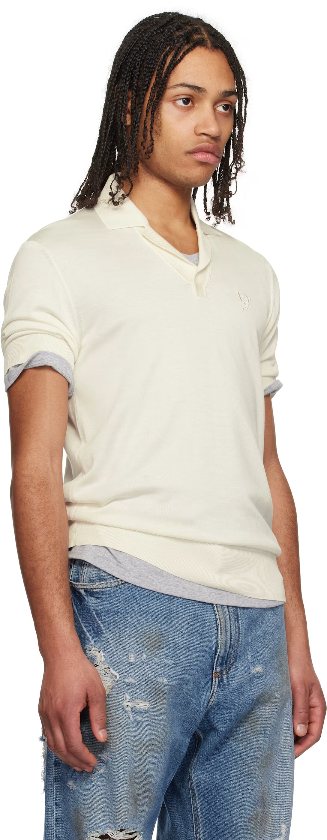 Dolce&Gabbana Off-White Logo Embroidered Silk Polo