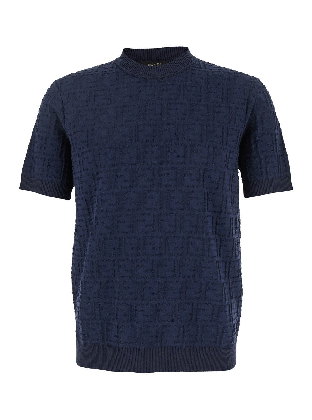 Fendi Blue Crewneck T-Shirt with All-Over FF Logo Embroidery in Cotton Man