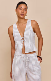 Cream Pinstriped Tie Front Top