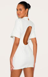 White Woven Cinched Backless Mini Dress