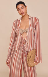 Beige Chiffon Striped Long Sleeve Tie Front Shirt