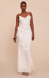 White Ditsy Floral Embroidered Frill Maxi Dress