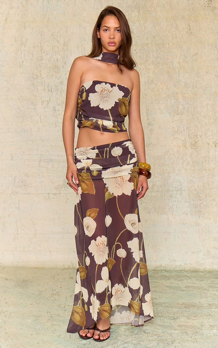 Dark Chocolate Floral Printed Chiffon Ruched Maxi Skirt