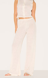 Cream Mid Rise Textured Wide Leg Trousers