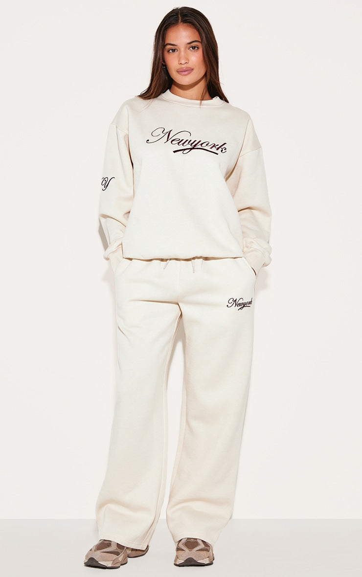 Cream New York Embroidered Wide Leg Joggers