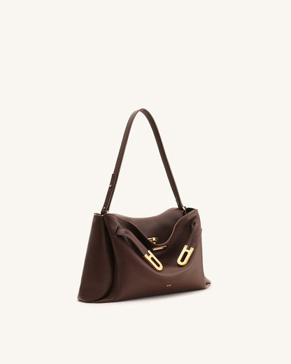 Rhea Pebbled Double Buckle Shoulder Bag - Dark Brown