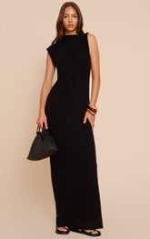 Black Linen Look Sleeveless Drape Neck Detail Maxi Dress