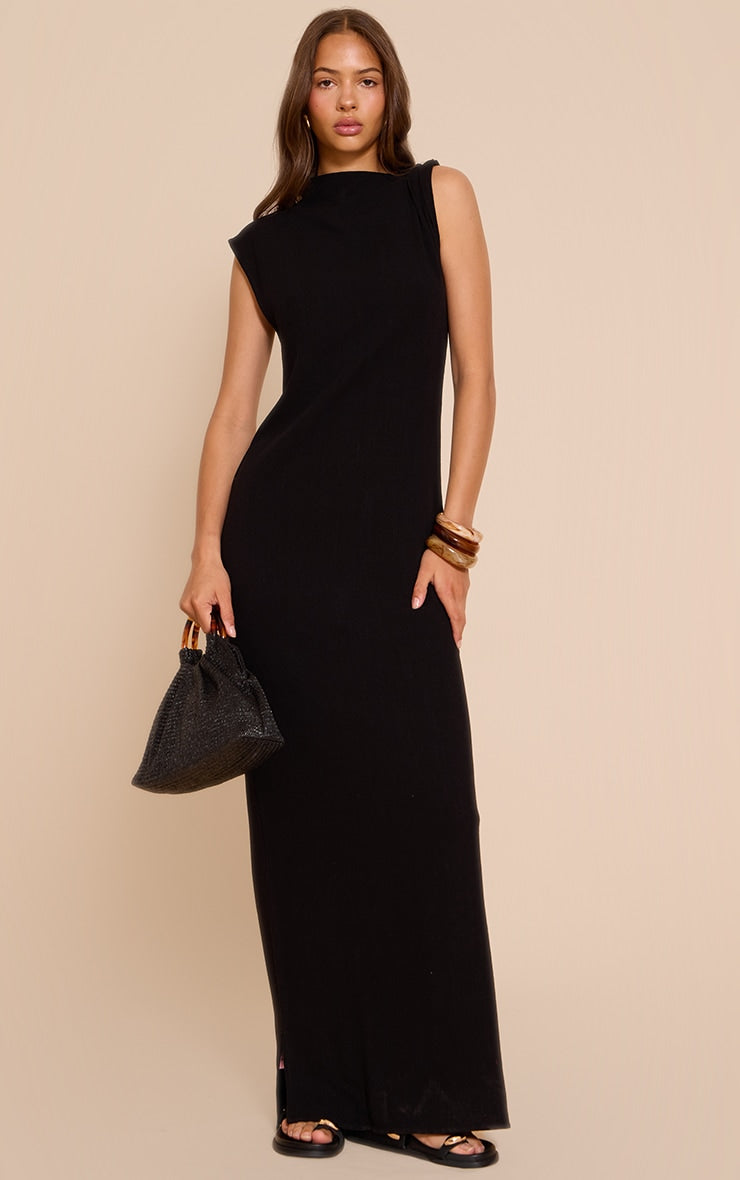 Black Linen Look Sleeveless Drape Neck Detail Maxi Dress