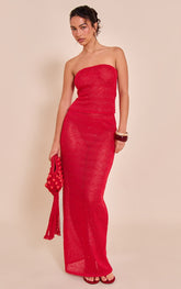 Tomato Red Textured Sequin Maxi Skirt