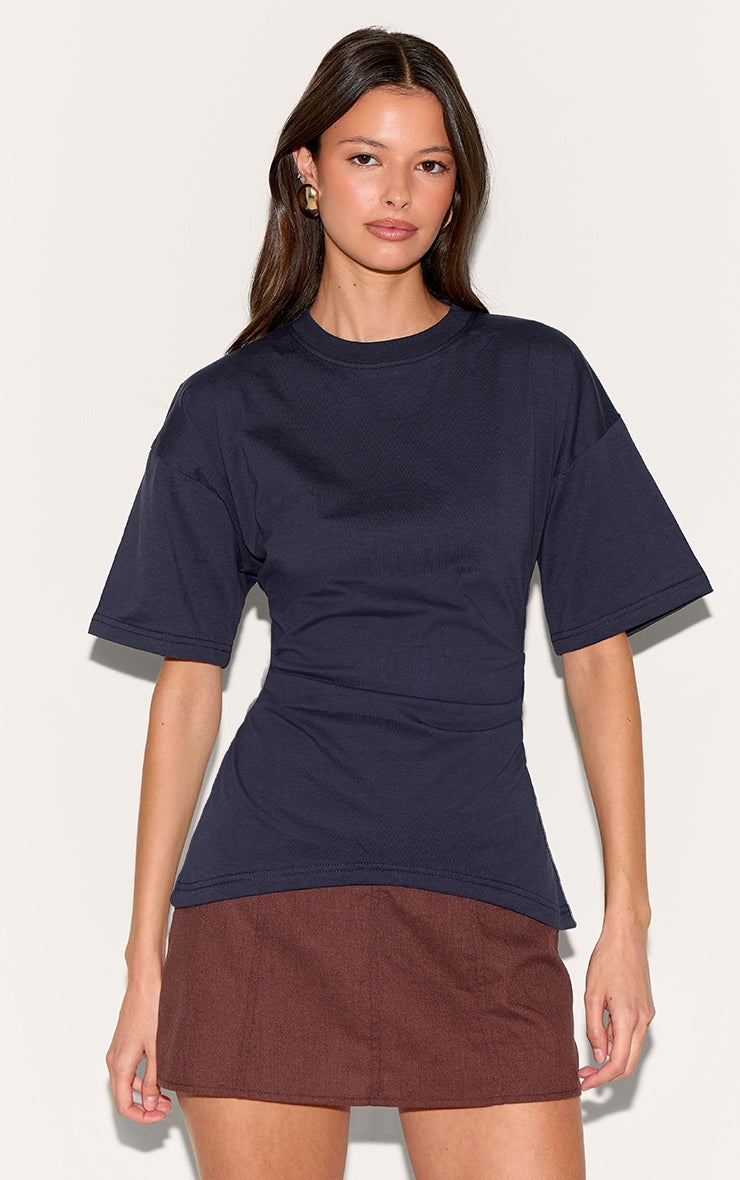 Navy Ruched Side Detail T Shirt