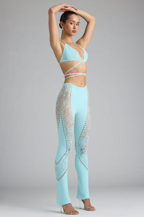 Embellished Mid-Rise Flared Trousers in Ice Blue