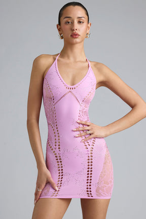 Embellished Halterneck Mini Dress in Violet Pink