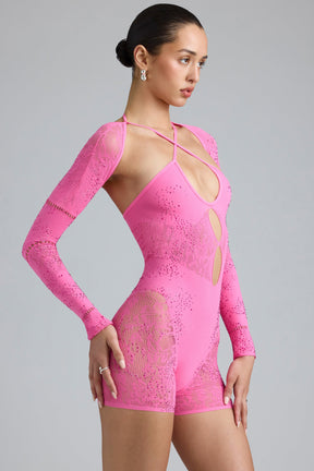Embellished Cut-Out Unitard in Bubblegum Pink