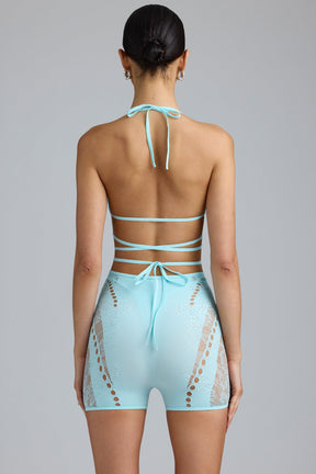 Embellished Cross-Strap Bikini Top in Ice Blue