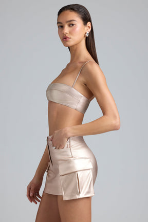 Metallic Denim Mid-Rise Cargo Mini Skirt in Champagne