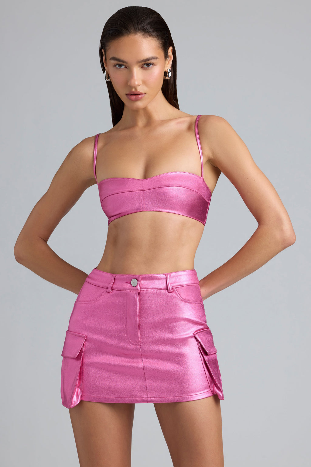 Metallic Denim Mid-Rise Cargo Mini Skirt in Deep Pink