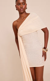 Cream Double Mesh One Shoulder Mini Dress