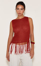 Rust Crochet Boat Neck Fringe Top