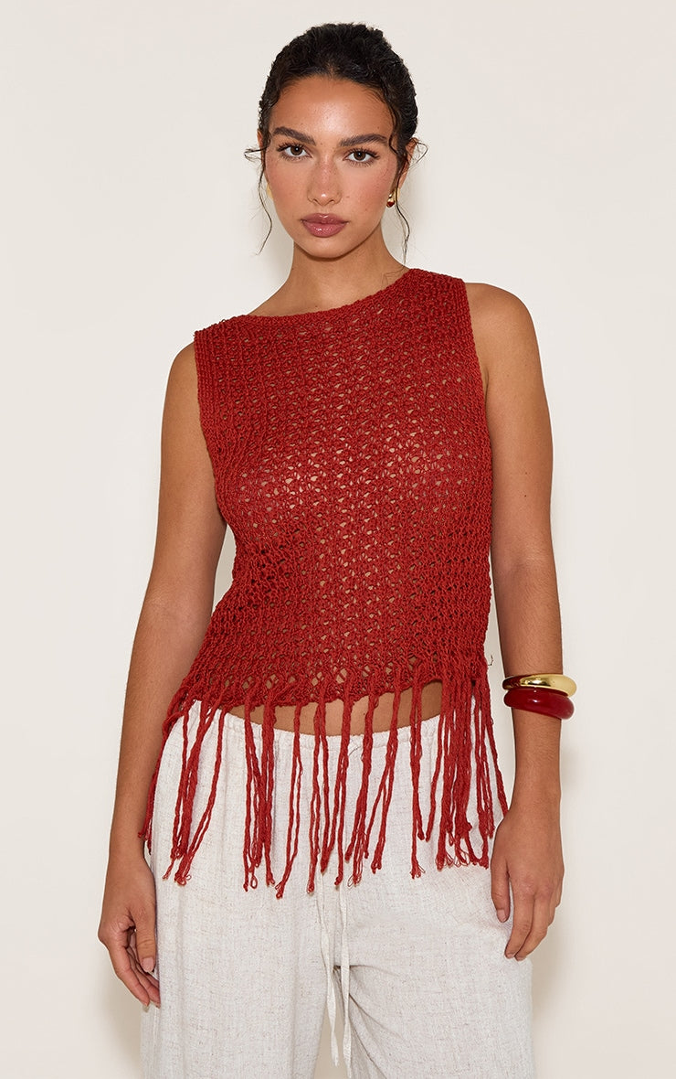 Rust Crochet Boat Neck Fringe Top
