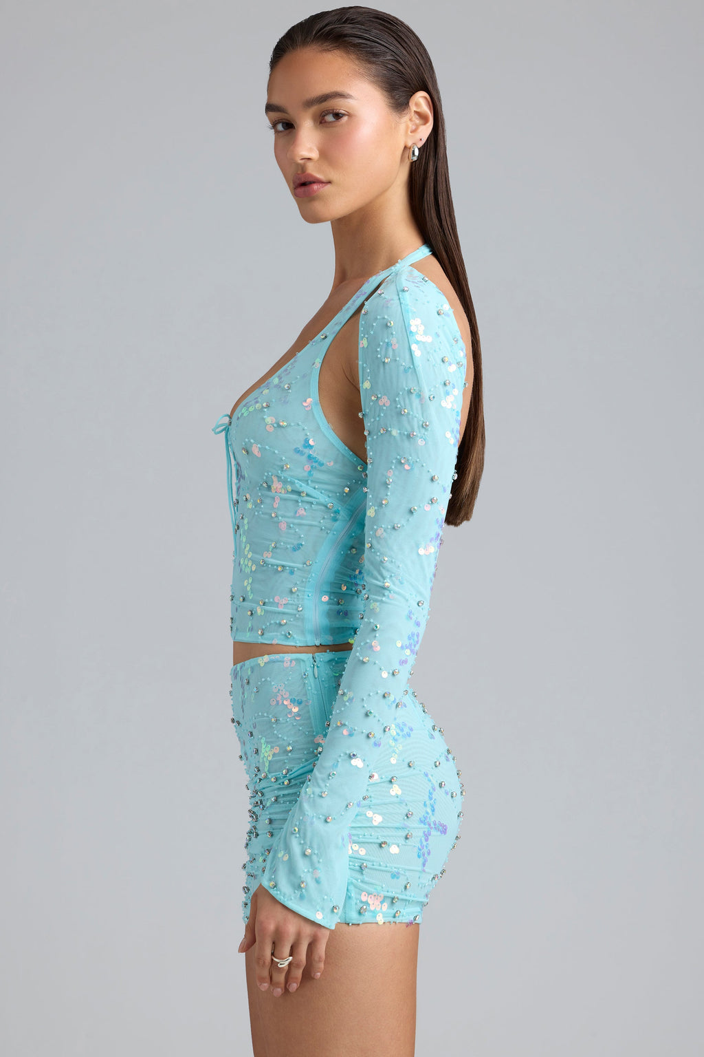 Ruched Mid-Rise Micro Mini Skirt in Ice Blue