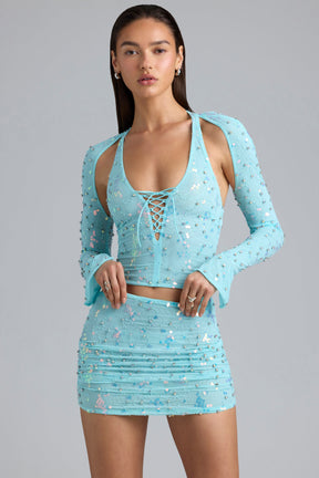 Ruched Mid-Rise Micro Mini Skirt in Ice Blue