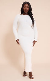 Plus Cream Textured Backless Boat Neck Long Sleeve Maxi Dress