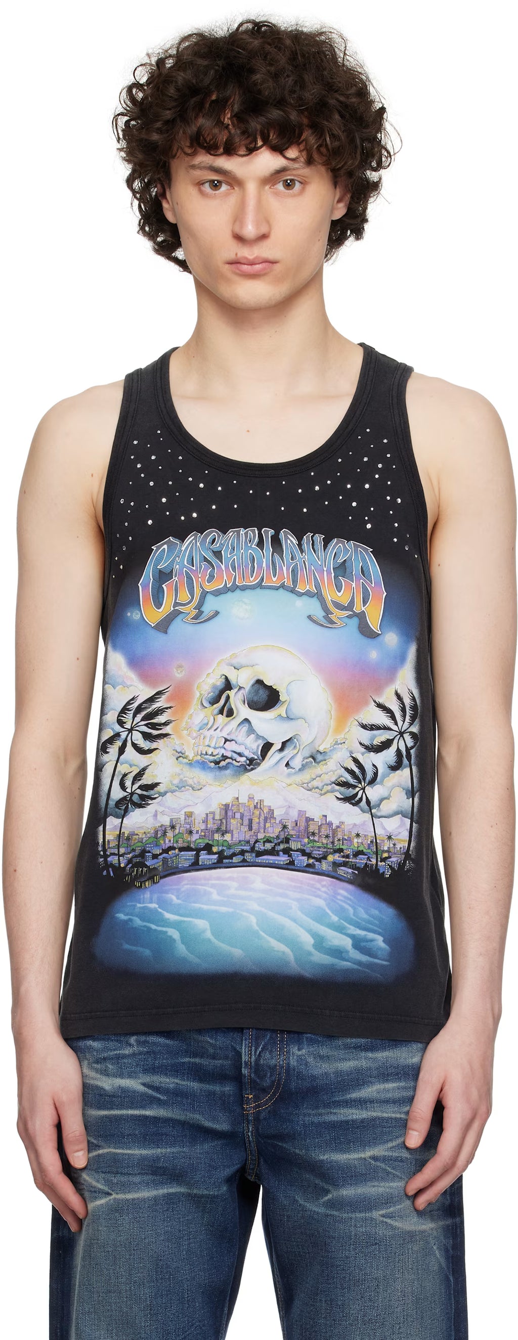 Black 'La Prémonition' Crystal Embellished Tank Top